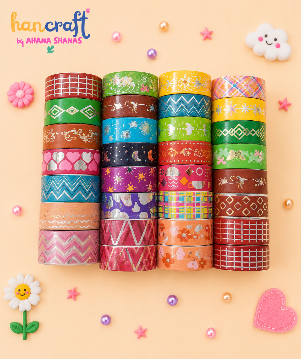 Kawaii Washi Tape Set Multicolor Decorative Adhesive Tape Rolls by Hancraft Hancraft kawaii glitter washi tape set with multicolor decorative adhesive tape rolls for journaling scrapbooking DIY crafts and gift wrapping