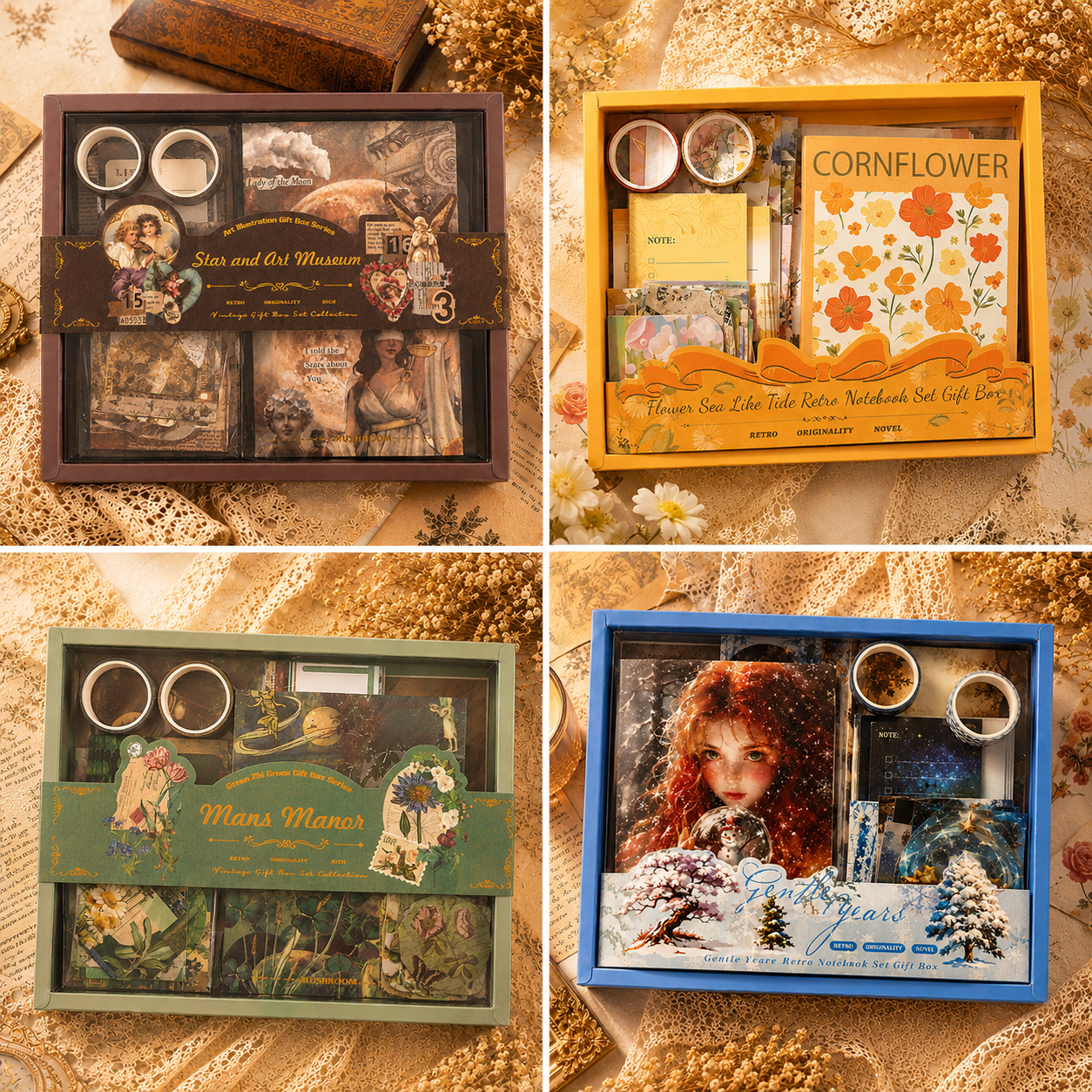 Vintage Scrapbooking & Journaling Kit Aesthetic Retro Stationery Gift Box Vintage aesthetic scrapbook journaling kit gift box with notebook, washi tapes, stickers, memo papers and decorative stationery supplies