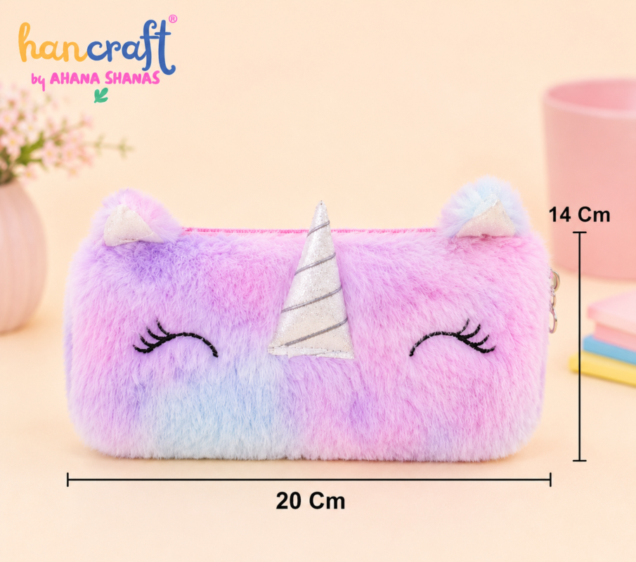Hancraft unicorn fur pencil pouch with soft plush fabric for girls school stationery makeup storage and travel organisation