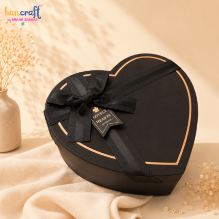 Luxury black heart gift box with rose gold detailing and ribbon bow
