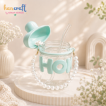 Cute pastel HOHO aesthetic glass tumbler with straw pearl handle and leak proof lid reusable glass sipper cup for hot and cold drinks
