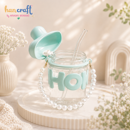 Cute pastel HOHO aesthetic glass tumbler with straw pearl handle and leak proof lid reusable glass sipper cup for hot and cold drinks