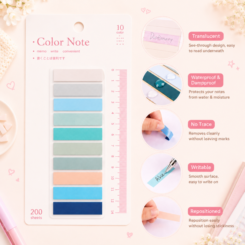 Pastel transparent sticky index tabs with 200 sheets waterproof writable self adhesive page markers for books journals planners and study notes