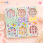 Cute kawaii press-on fake nails for girls with pastel cartoon nail art design, glossy reusable nail tips set of 12 for kids and teens