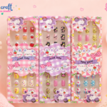Cute kawaii press-on fake nails for girls with pastel cartoon nail art design, glossy reusable nail tips set of 12 for kids and teens