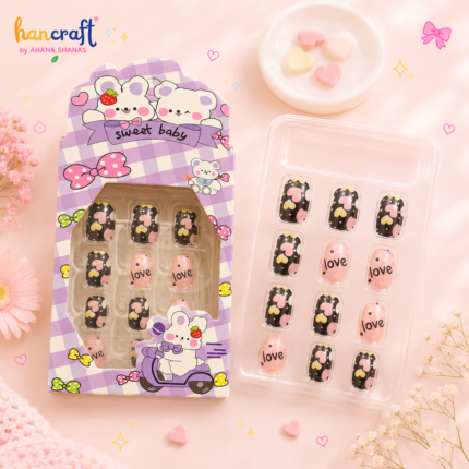 Cute kawaii press-on fake nails for girls with pastel cartoon nail art design, glossy reusable nail tips set of 12 for kids and teens