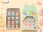 Cute kawaii press-on fake nails for girls with pastel cartoon nail art design, glossy reusable nail tips set of 12 for kids and teens