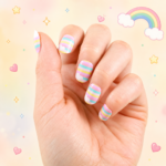 Cute kawaii press-on fake nails for girls with pastel cartoon nail art design, glossy reusable nail tips set of 12 for kids and teens