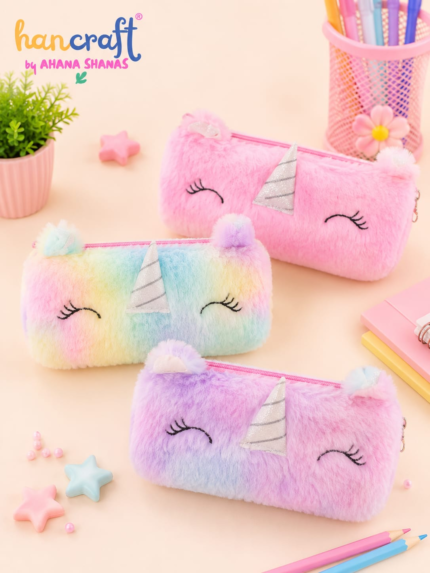 Hancraft unicorn fur pencil pouch with soft plush fabric for girls school stationery makeup storage and travel organisation