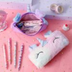 Hancraft unicorn fur pencil pouch with soft plush fabric for girls school stationery makeup storage and travel organisation